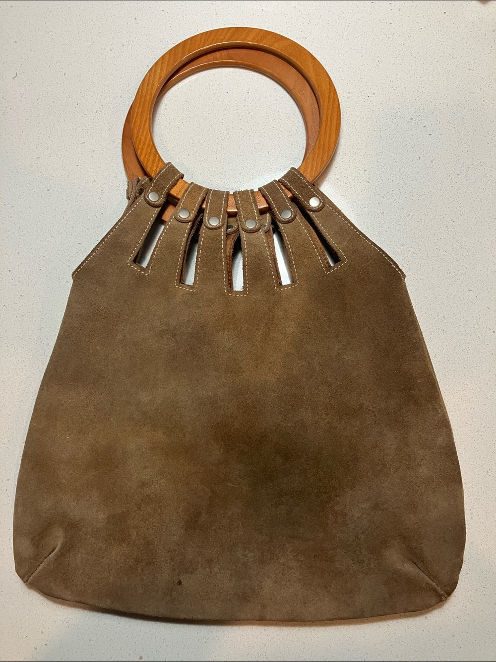 Source Unknown Brown Suede Hobo with Wooden Ring Handles